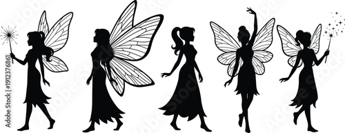Black fairy silhouette vector set with magic wand stars butterfly wings beautiful girl mythical creature sprite collection isolated on white background for fantasy tale design.
