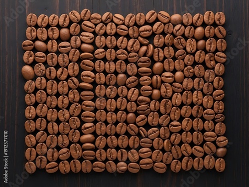 Rich Texture of Roasted Coffee Beans on Dark Wood Surface Top View