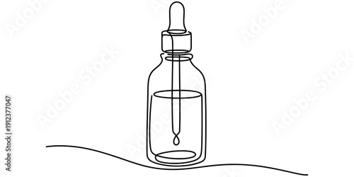 Minimalist line art illustration of a glass bottle with a dropper containing liquid.