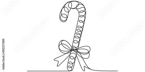 Single continuous line drawing of a festive christmas candy cane with a decorative ribbon bow.