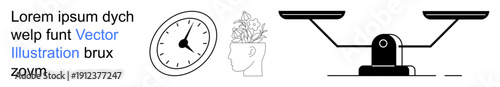 Time management, mental health, work-life balance, productivity, decision-making, personal growth. Clock, brain with growth and balance scale. Time management and mental health concept