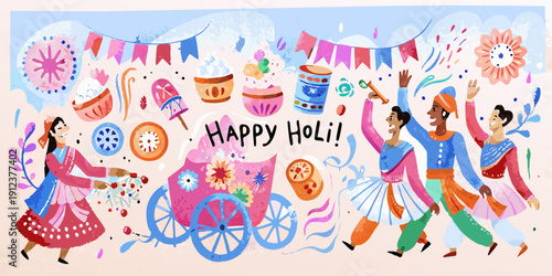 A colorful illustration depicting a joyful happy holi celebration with traditional elements