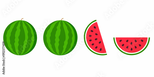 Illustration of whole and sliced watermelons with green rinds and red flesh