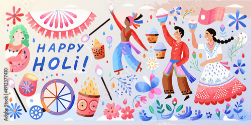 A vibrant illustration celebrating the indian festival of holi with colorful elements