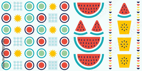 Colorful pattern featuring watermelon citrus fruit and geometric shapes