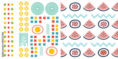 Colorful pattern featuring fruit slices geometric shapes and wavy lines