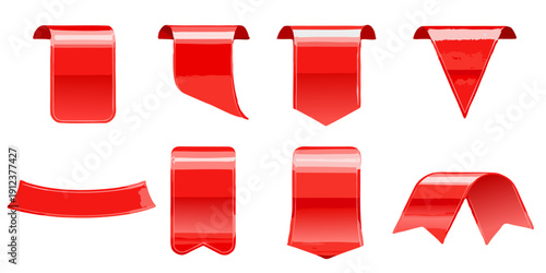 Collection of glossy red ribbon banners in various shapes and orientations