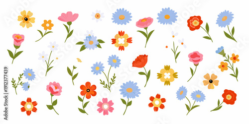 Colorful wildflower arrangement with various blossoms and green stems