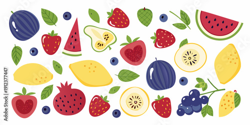 Colorful arrangement of various fruits including berries melons and citrus