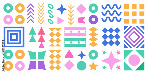 Colorful geometric shapes and patterns arranged in a repeating playful design