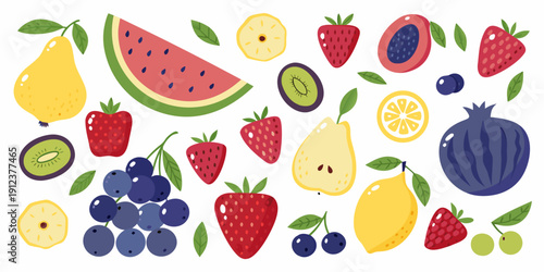 Colorful assortment of various fruits including berries citrus and melons