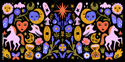 Whimsical celestial and animal illustration with vibrant colors and folk art style