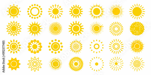 Collection of vibrant yellow sun icons with varying ray designs