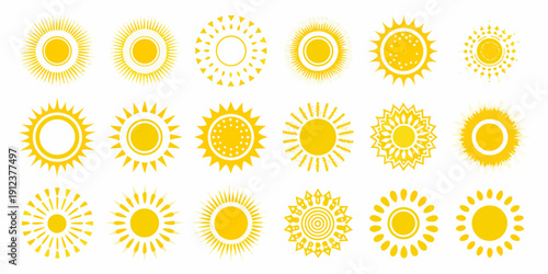 Collection of diverse yellow sun icons and symbols in varying styles