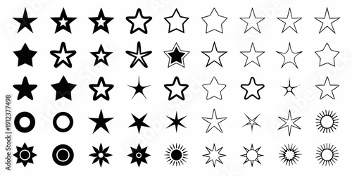 Collection of various black and white star and circle shaped icons
