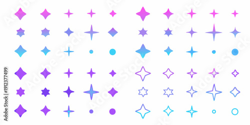 Assorted sparkling star and dot shapes in shades of blue and purple