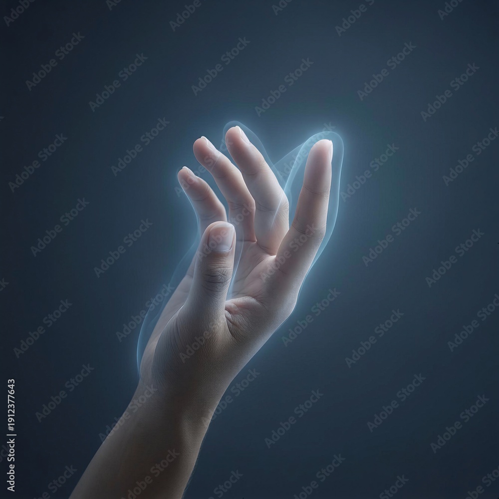 Fototapeta premium Futuristic human hand with glowing energy trail on dark background, symbolizing AI interface, digital transformation, innovation, and advanced technology.