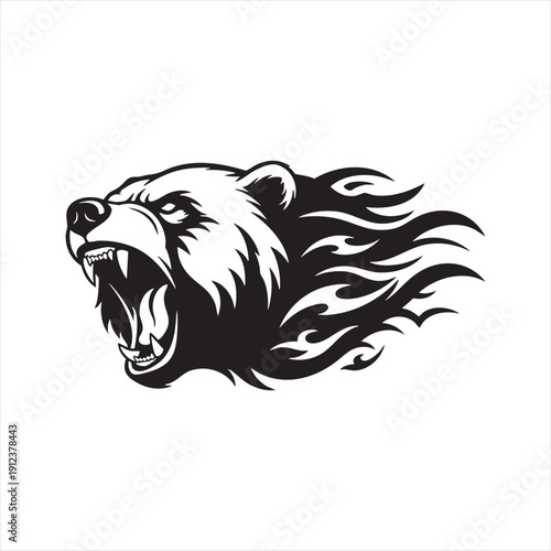 Angry grizzly bear head profile with flaming mane vector illustration