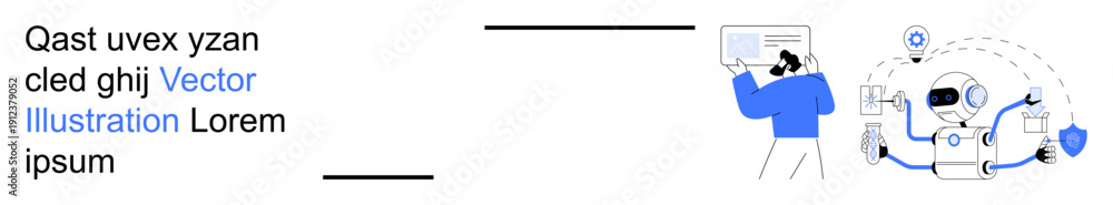 Obraz premium Artificial intelligence, robot interaction, digital services, data analysis, human-robot collaboration, education technology. Person viewing a data board, robot with shield icon. Artificial