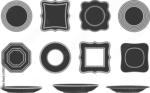Collection of decorative plate designs showing top views and side profiles with diverse shapes, outlines, and border styles for culinary presentation