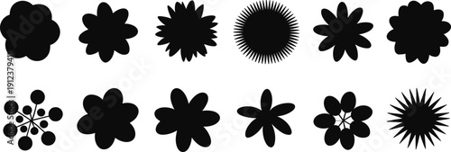 Stylized floral silhouette collection featuring abstract flower shapes with diverse petal designs, decorative patterns, and artistic black ornamental illustrations