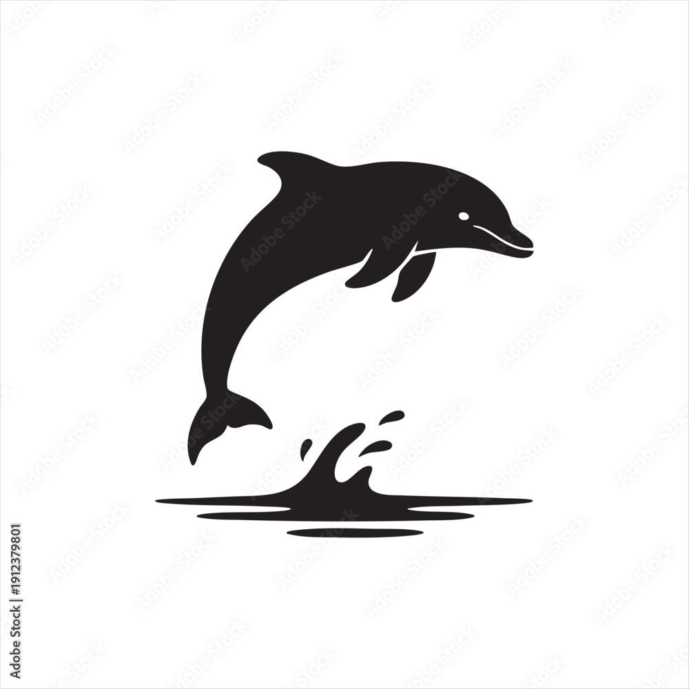 Obraz premium Black silhouette of jumping dolphin over sea waves isolated on white background