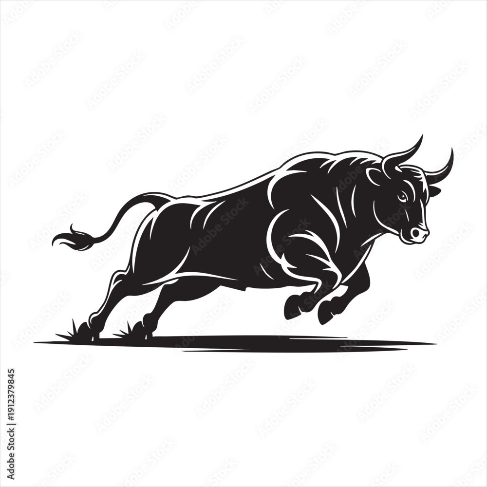 Fototapeta premium Charging bull in silhouette on white background vector art