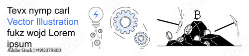 Cryptocurrency, blockchain technology, digital finance, renewable energy, innovation, mining process. Icon elements include light bulb, gear pickaxes bitcoin symbol. Cryptocurrency and blockchain