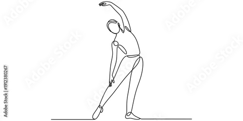 Continuous line drawing of a person performing a side stretch exercise for fitness.