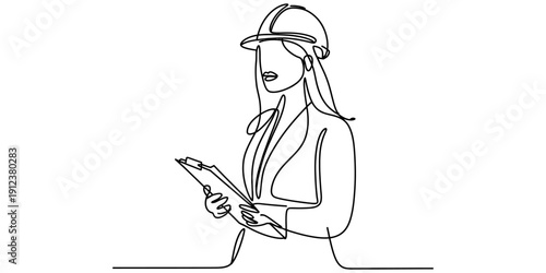 Continuous line drawing of a professional female engineer wearing a hard hat and holding a clipboard