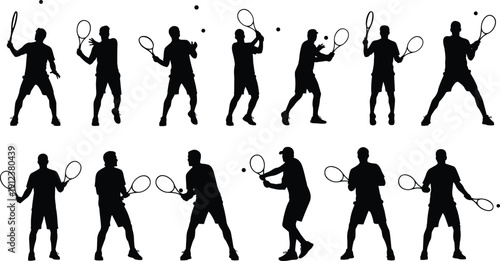 Black tennis player silhouette vector set with man athlete hitting ball with racket sports action poses collection isolated on white background for championship tournament design.