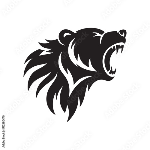 Fierce bear head silhouette roaring with an open mouth and sharp teeth, side profile view