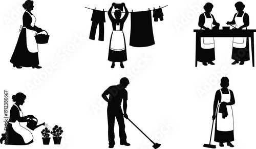 Collection of household chores silhouettes featuring people cleaning sweeping watering plants doing laundry and cooking for domestic service housekeeping and home maintenance vector designs.