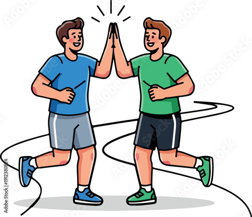 Two Men High Five After Running Isolated Transparent Background Flat 2D Vector Illustration