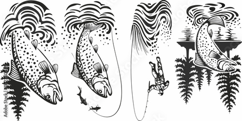 Black and white illustration of leaping trout with surrounding landscape elements
