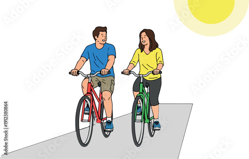 Couple Riding Bicycles Isolated Transparent Background Flat 2D Vector Illustration