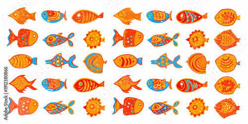 A colorful collection of cartoon fish in shades of orange and blue