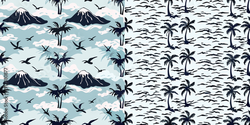 Tropical mountain and palm tree seamless pattern with flying birds