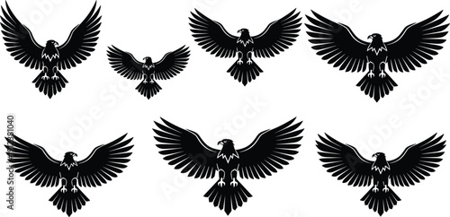 Eagle silhouette vector set with flying bird of prey hawk falcon wings spread majestic predator hunting icons isolated on white background for wildlife logo design.