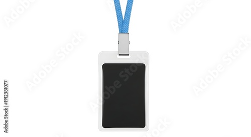 A white lanyard with a blue strap and a black rectangular id badge holder