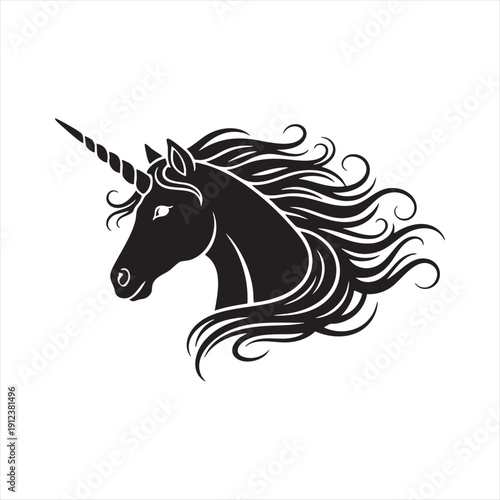 Majestic black unicorn head with flowing mane and spiraled horn, elegant vector