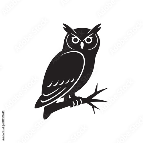 Owl perched on branch in silhouette on white background