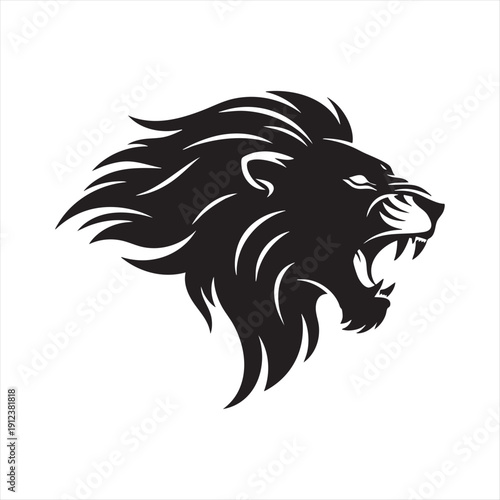 Roaring lion head silhouette with fiery mane tribal art style