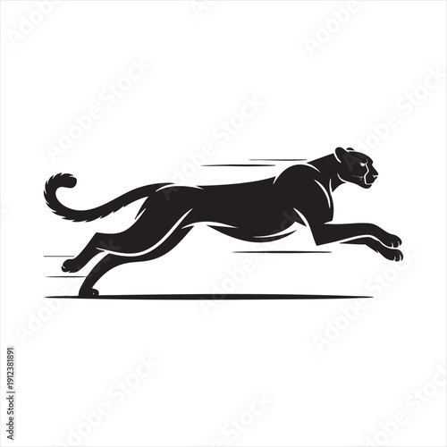 Running black panther silhouette, dynamically in motion with speed lines, isolated on white background