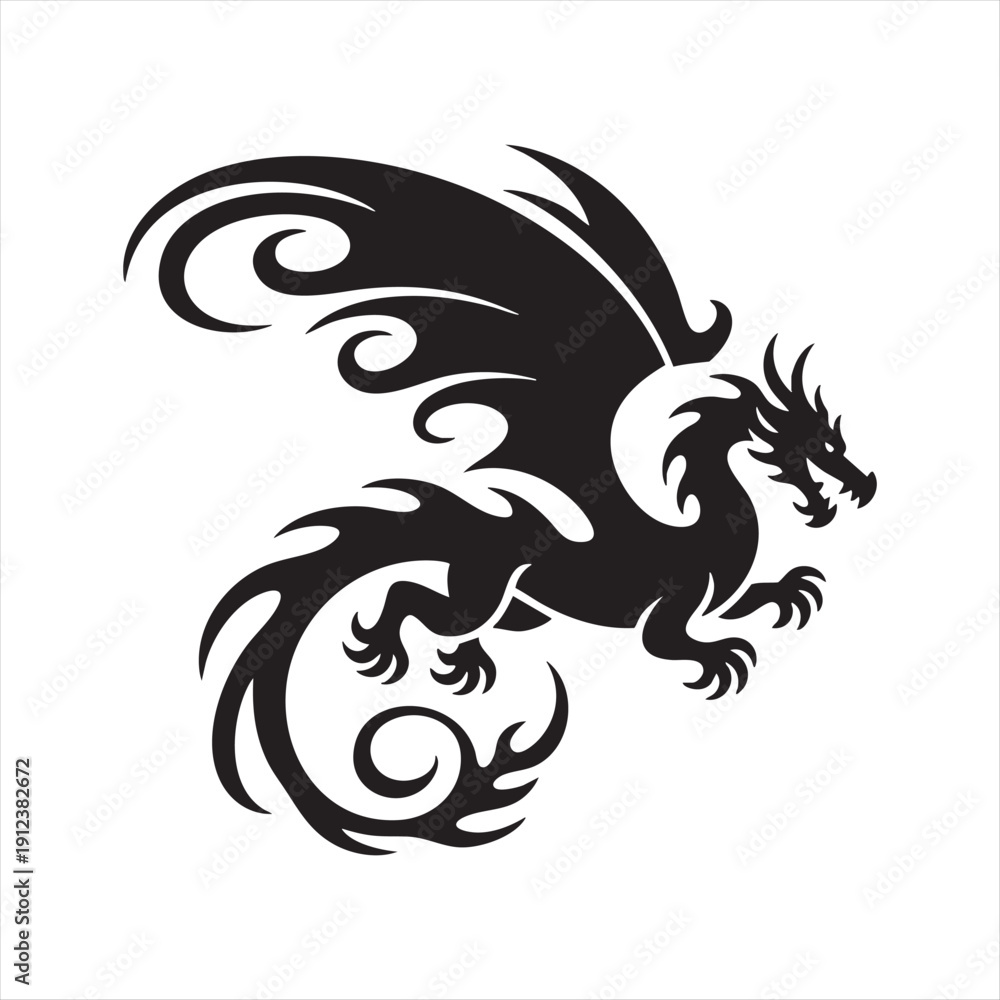 Obraz premium Stylized black dragon in flight with elaborate wings and tail, tribal art style