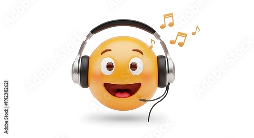 A cheerful orange emoji wearing large black headphones with musical notes around it.