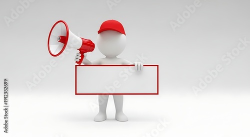 A person in a red cap and white outfit holding a megaphone and a blank sign.