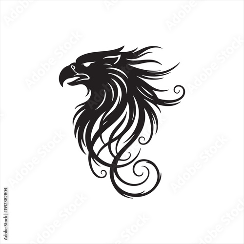 Stylized eagle head, mythical creature logo, tribal art, ornamental patterns, sharp beak and feathers