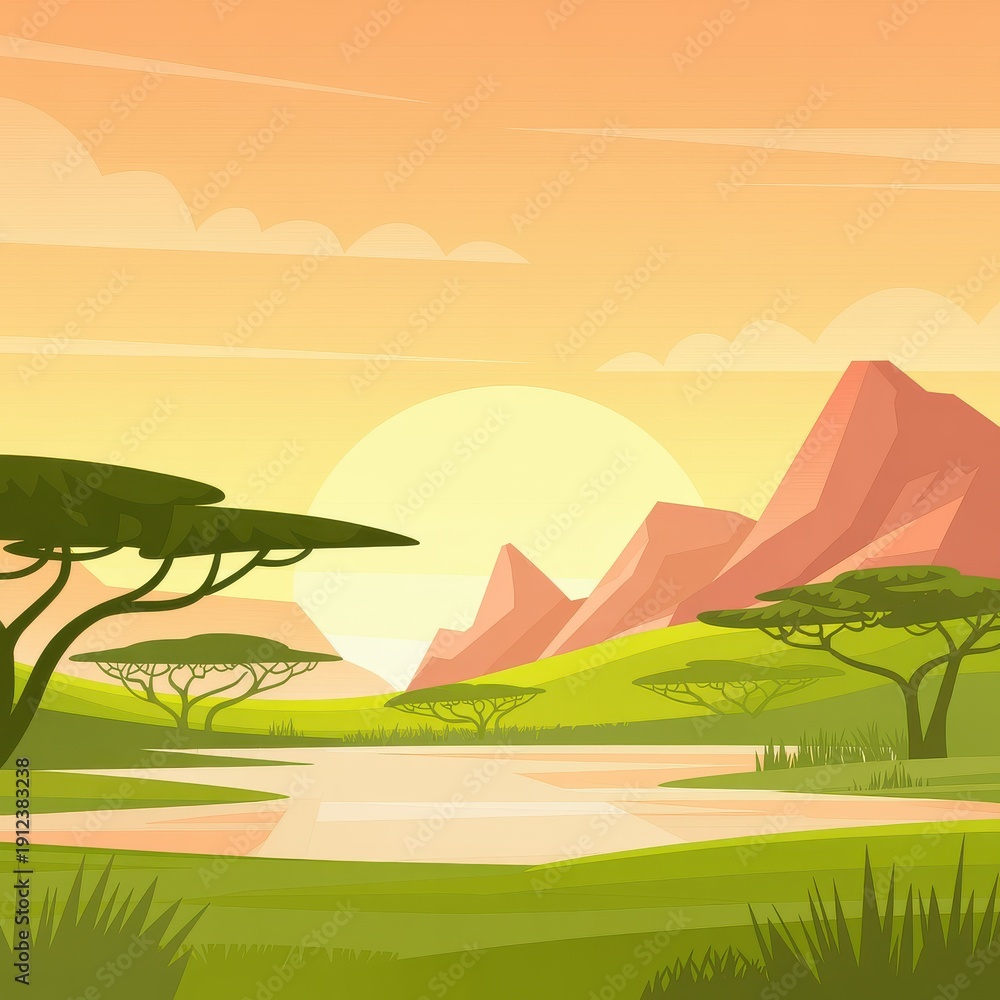 Fototapeta premium Serene african savannah landscape with majestic mountains and tranquil lake at sunset