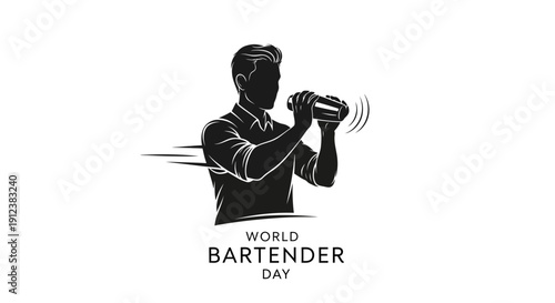 Vector illustration of a bartender shaking a cocktail with motion lines, celebrating World Bartender Day with a stylized flair bartending technique.
